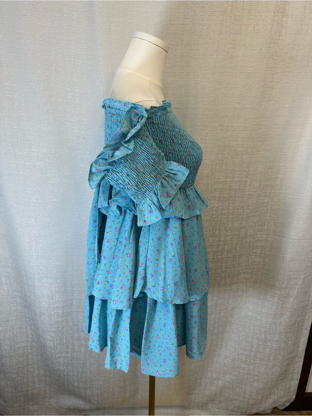 Mable Smocked Off-Shoulder Floral Mini Dress in Light Blue - Picture 2 of 12